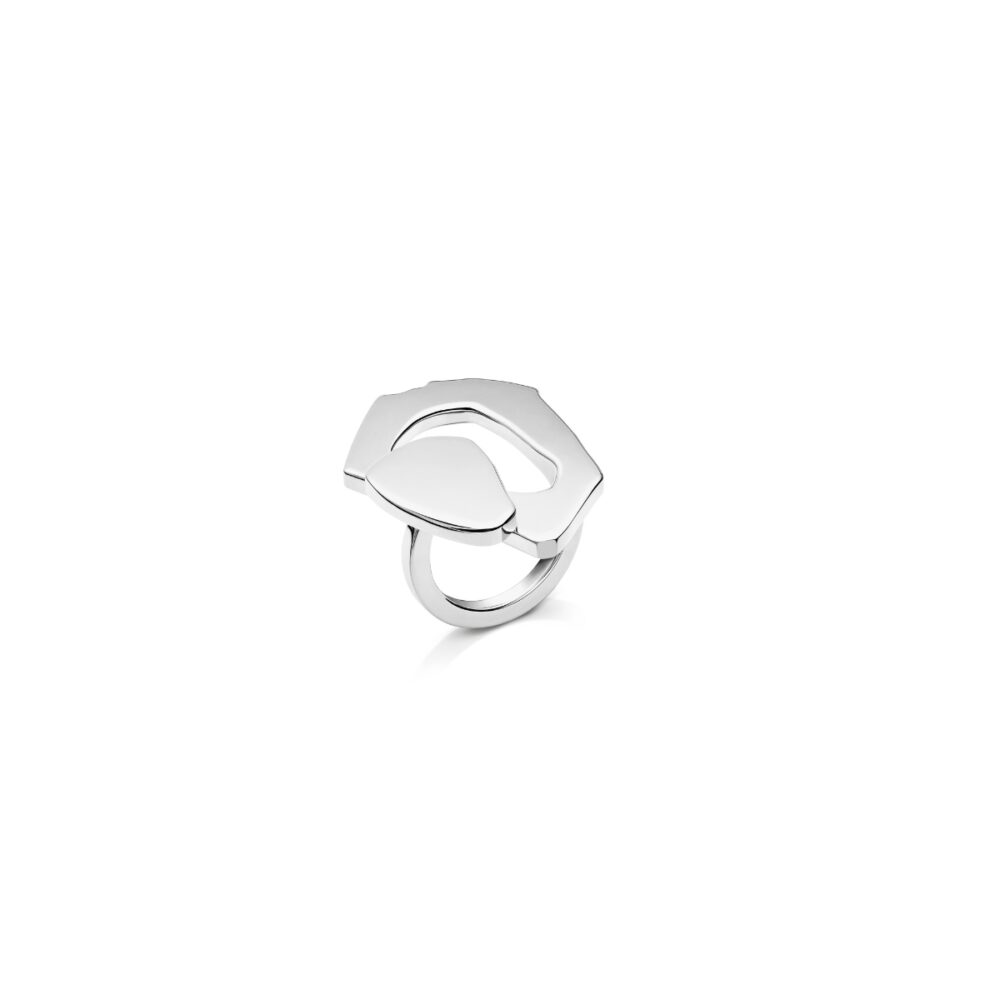 Stainless steel union ring with contemporary style, perfect accessory for fashion and jewelry lovers.