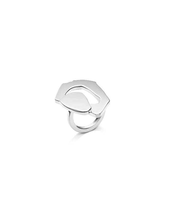 Stainless steel union ring with contemporary style, perfect accessory for fashion and jewelry lovers.