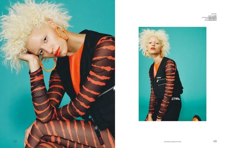 Bright portrait of Monica Varela featuring bold fashion and vibrant background.