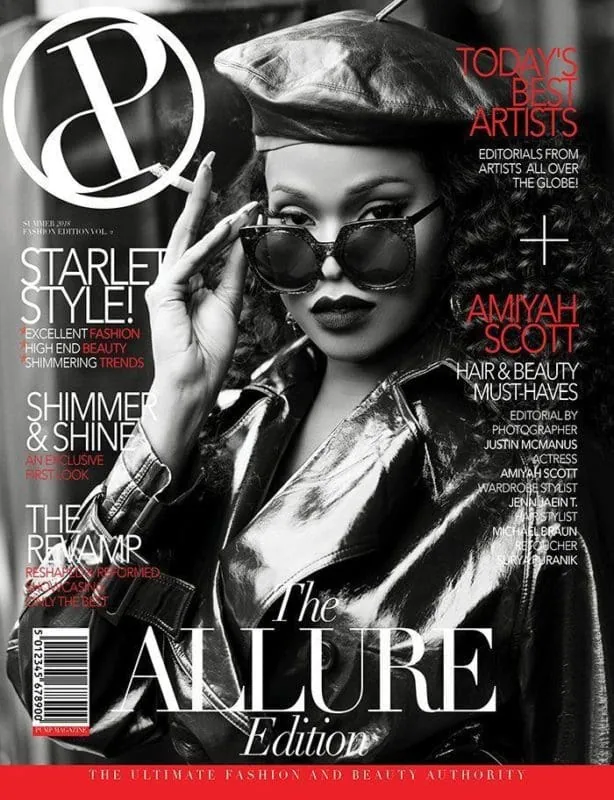 Fashion model Monica Varela with bold makeup, trendy leather jacket, and chic sunglasses on magazine cover.