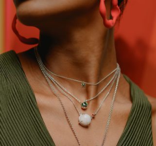 Layered pendant necklaces of different lengths on model, sizing guide
