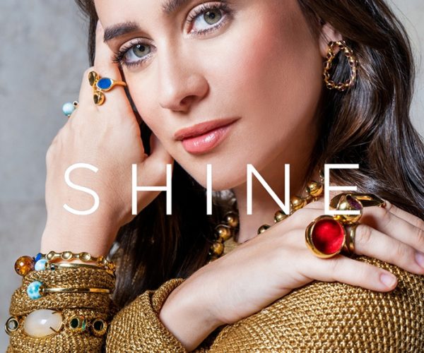 Monica Varela jewelry on the Shine magazine feature, model wearing rings and cuffs