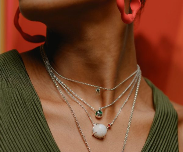 Layered pendant necklaces of different lengths on model, sizing guide