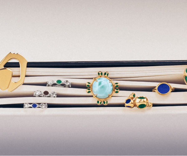 Monica Varela rings of different sizes displayed on a shelf