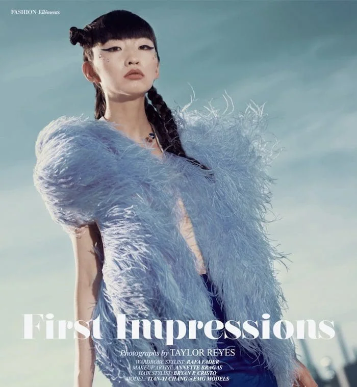 High fashion model Monica Varela in a striking feathered jacket for ELLEMENTS MAGAZINE. Stylish, edgy fashion editorial shoot.