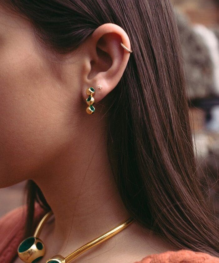 Fine gold earrings and necklace with emerald accents for stylish women.