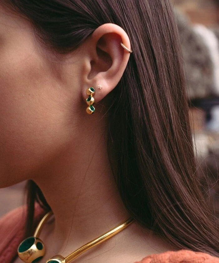 Fine gold earrings and necklace with emerald accents for stylish women.