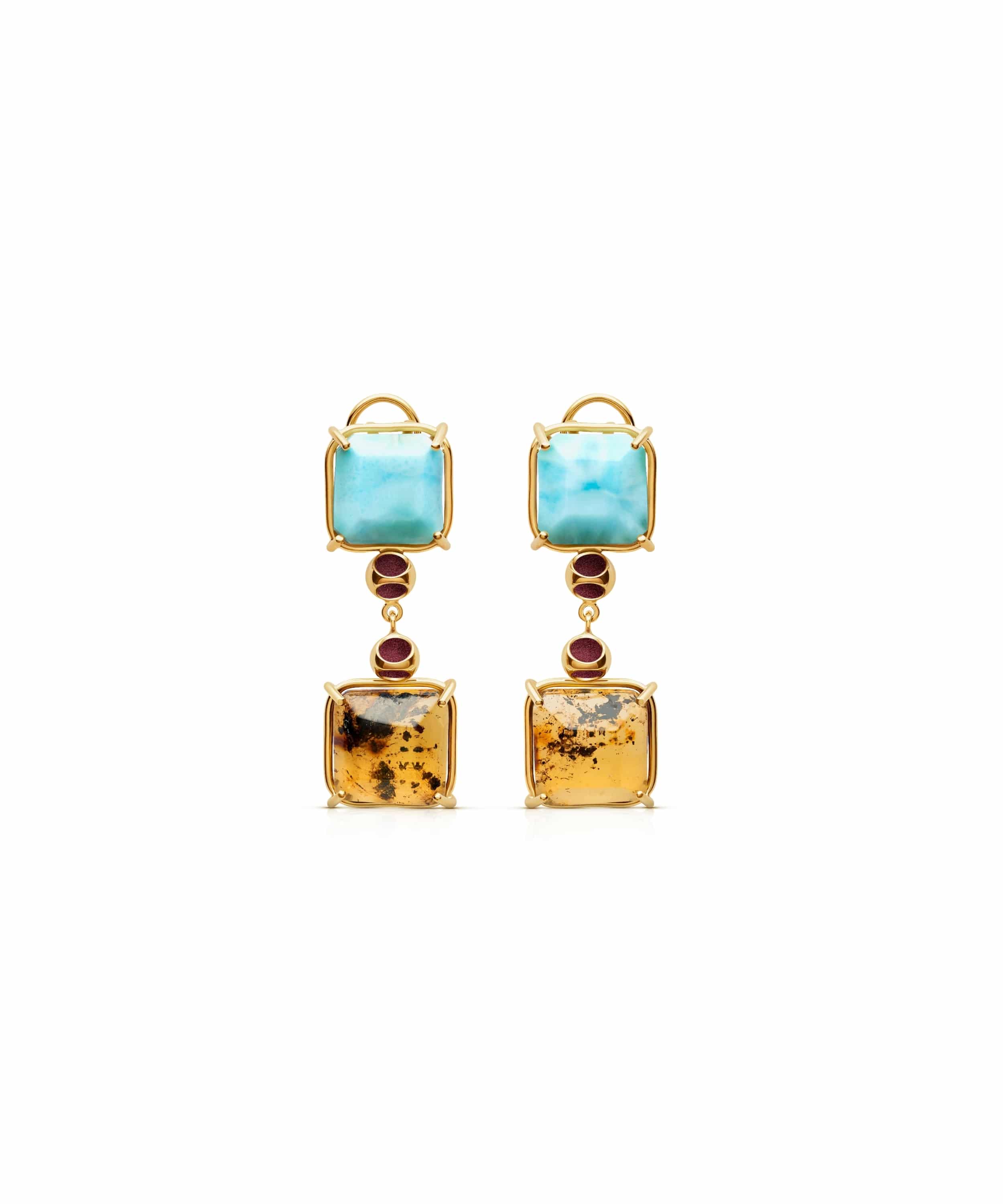 monica-varela-duet-larimar-&-amber-dangle-earrings-18k-micron-plating-blazzing-burgundy-front Duet Larimar & Amber Dangle Earrings - Image 1