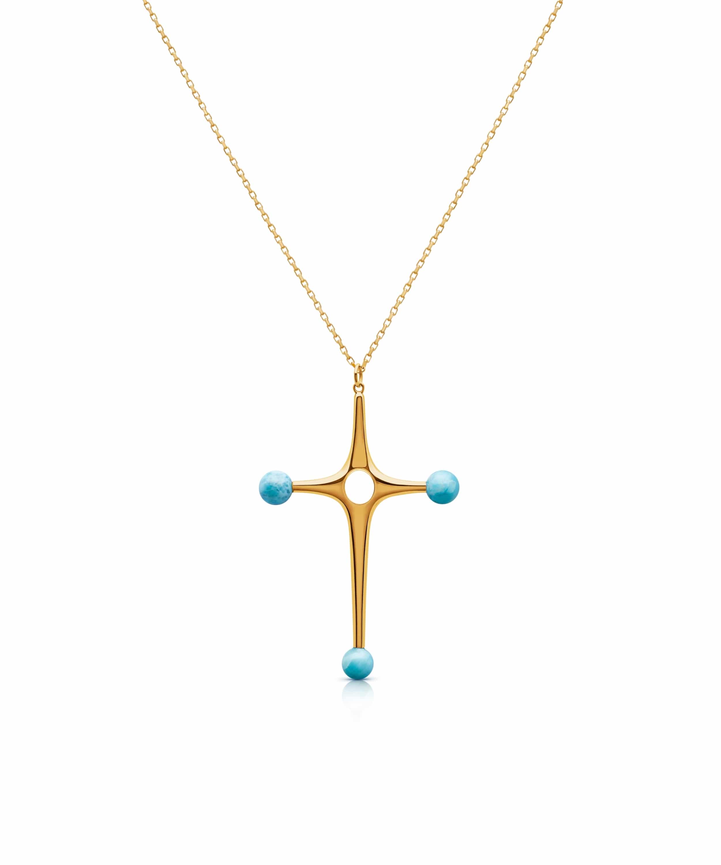 monica-varela-reflejos-divinos-duo-cruz-larimar-pendant-18k-micron-plating-front Duo Cruz Larimar Pendant - Image 1