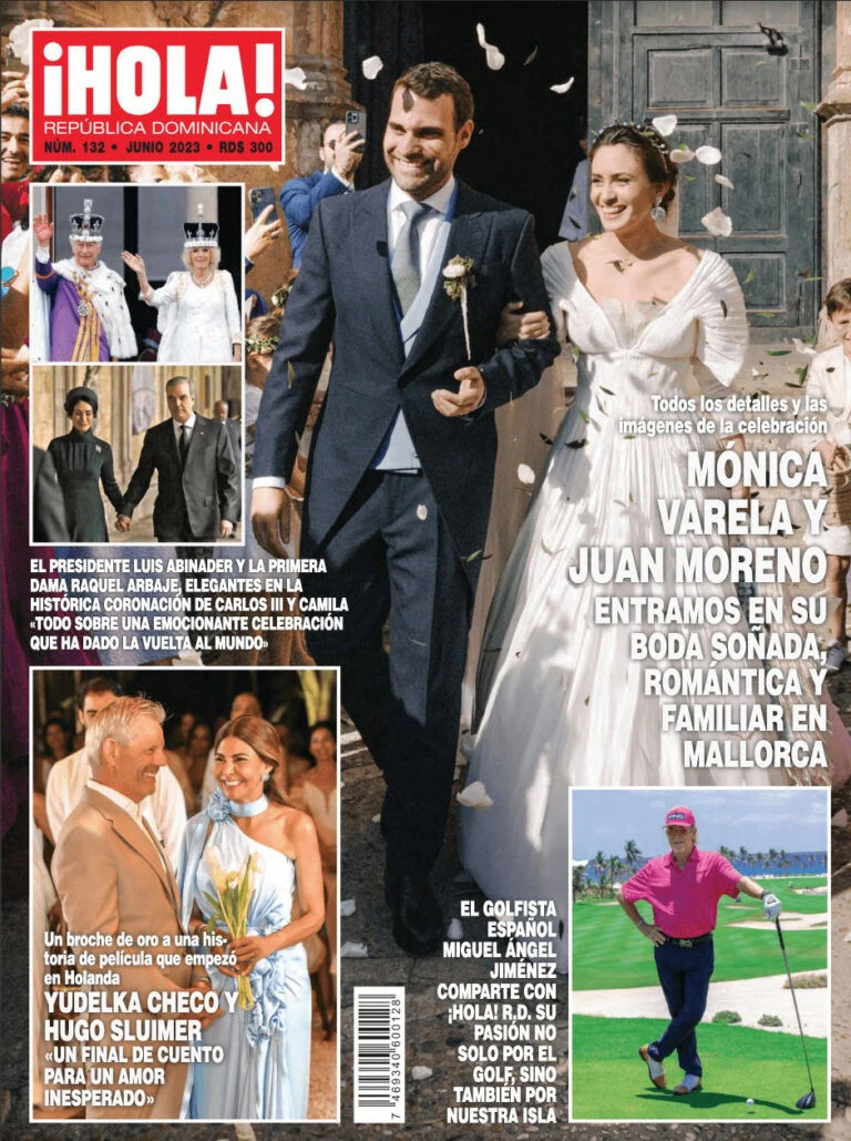 Elegant wedding dress, smiling bride at Dominican celebration.