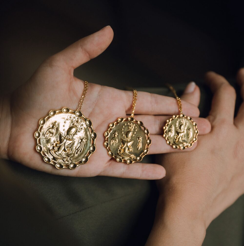 Gold La Altagracia medal necklaces, religious jewelry for faith and spirituality, fine gold accessory.