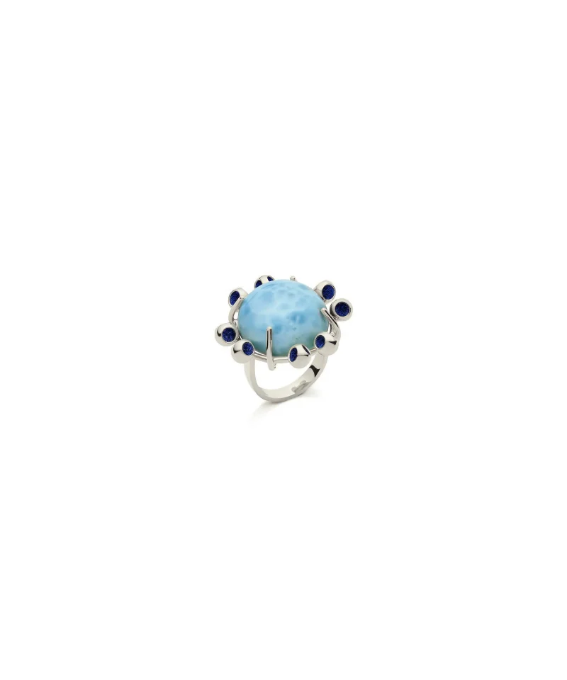 Saria Teeny Larimar Ring in 925 sterling silver with platinum plating and Electric Blue accents